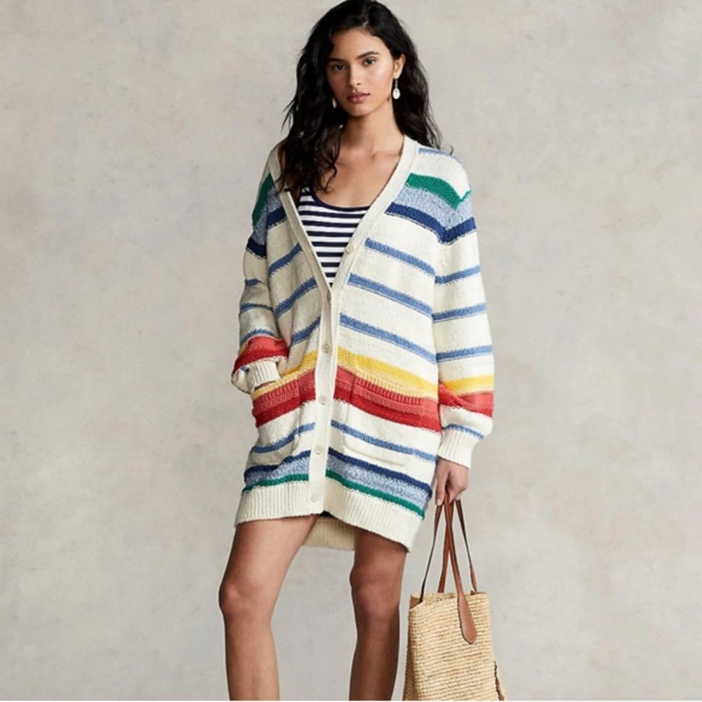 Polo Ralph Lauren Multi Striped Cotton Linen Cardigan Sweater
